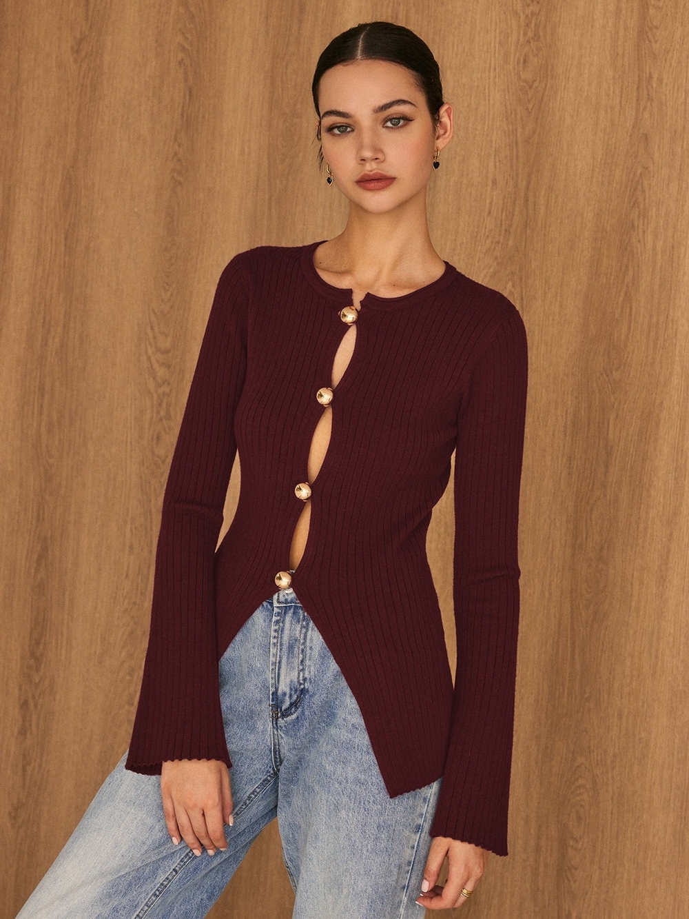 Commense Ribbed Button-Front Long-Sleeve Top in Burgundy